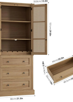 Rattan Doors Pantry Cabinet with 3 Drawers and Adjustable Shelf