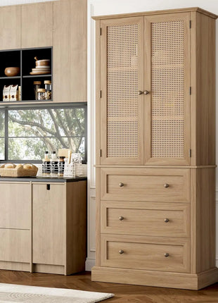 Rattan Doors Pantry Cabinet with 3 Drawers and Adjustable Shelf