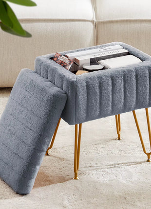 Faux Fur Living Room Hidden Storage Stools & Ottomans Padded Makeup with 4 Metal Legs Anti-Slip Adjustable Feet for Home