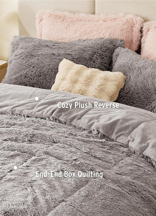 Malea Shaggy Comforter Set, Long Faux Fur Cozy down Alternative, Modern Casual Ultra Soft All Season Fluffy Bedding with Matching Sham, King/Cal King, Grey 3 Piece