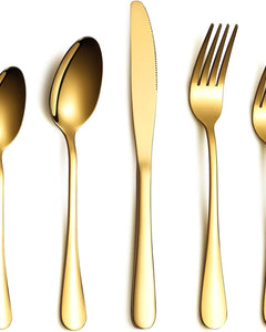 Flatware Set 20 Piece, Stainless Steel with Titanium Gold Plated, Golden Color Flatware Set, Silverware, Cutlery Set Service for 4 (Shiny Gold)