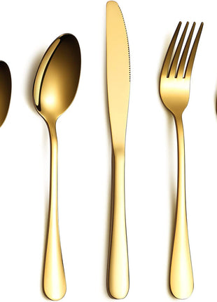 Flatware Set 20 Piece, Stainless Steel with Titanium Gold Plated, Golden Color Flatware Set, Silverware, Cutlery Set Service for 4 (Shiny Gold)