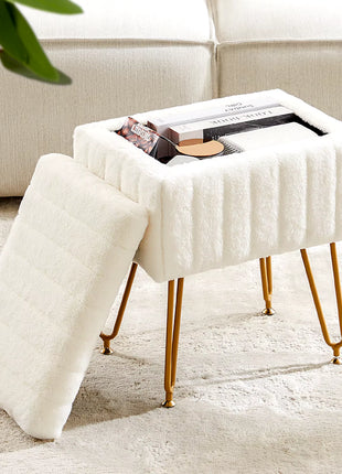 Faux Fur Living Room Hidden Storage Stools & Ottomans Padded Makeup with 4 Metal Legs Anti-Slip Adjustable Feet for Home