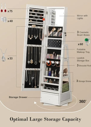 360° Swivel Jewelry Cabinet with Touch Screen Vanity Mirror and Lights