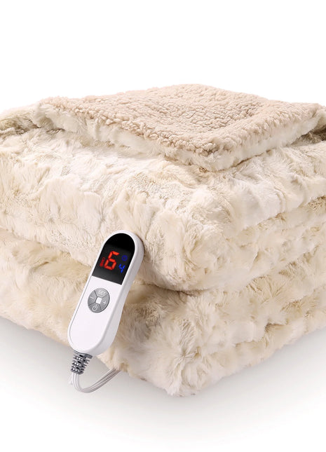 Electric Throw Blanket 50" X 60", Soft Faux Fur Heated Blanket with Large LED Display, 6 Heating Levels, 4 Hours Timer, Machine Washable - Tie-Dye off White