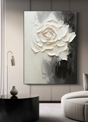 3D Textured Effect Painting, Large Abstract White Flower Poster, Minimalist Wall Art Canvas Print, Living Room Home Decor Cuadro