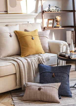 Pack of 2 Farmhouse Throw Pillow Covers Button Vintage Linen Decorative Pillow Cases for Couch Bed and Chair Beige 18 X 18 Inches 45 X 45 Cm