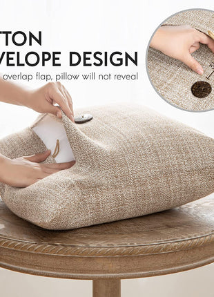 Pack of 2 Farmhouse Throw Pillow Covers Button Vintage Linen Decorative Pillow Cases for Couch Bed and Chair Beige 18 X 18 Inches 45 X 45 Cm