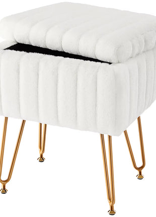 Faux Fur Living Room Hidden Storage Stools & Ottomans Padded Makeup with 4 Metal Legs Anti-Slip Adjustable Feet for Home