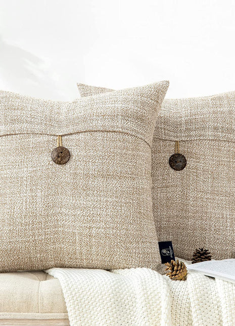 Pack of 2 Farmhouse Throw Pillow Covers Button Vintage Linen Decorative Pillow Cases for Couch Bed and Chair Beige 18 X 18 Inches 45 X 45 Cm