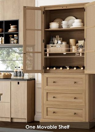 Rattan Doors Pantry Cabinet with 3 Drawers and Adjustable Shelf