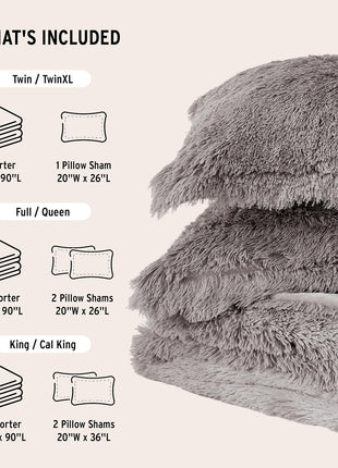 Malea Shaggy Comforter Set, Long Faux Fur Cozy down Alternative, Modern Casual Ultra Soft All Season Fluffy Bedding with Matching Sham, King/Cal King, Grey 3 Piece