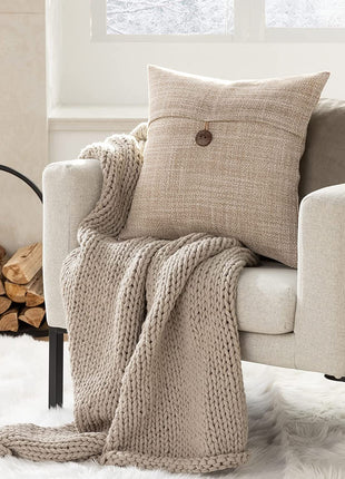 Pack of 2 Farmhouse Throw Pillow Covers Button Vintage Linen Decorative Pillow Cases for Couch Bed and Chair Beige 18 X 18 Inches 45 X 45 Cm