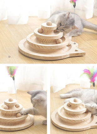 Wooden 2/3 Levels Pet Cat Toy Tower Tracks Disc Cat Intelligence Amusement Triple Play Disc Cat Toys Ball Training Toys