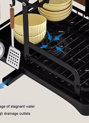 2 Tier Dish Bowl Drainer Storage Rack Kitchen Dish Drying Rack with Drain Basket Countertop Dinnerware Organizer Drainboard