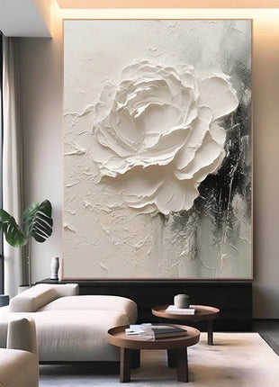 3D Textured Effect Painting, Large Abstract White Flower Poster, Minimalist Wall Art Canvas Print, Living Room Home Decor Cuadro