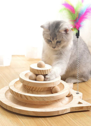 Wooden 2/3 Levels Pet Cat Toy Tower Tracks Disc Cat Intelligence Amusement Triple Play Disc Cat Toys Ball Training Toys