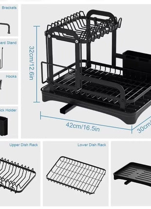 2 Tier Dish Bowl Drainer Storage Rack Kitchen Dish Drying Rack with Drain Basket Countertop Dinnerware Organizer Drainboard