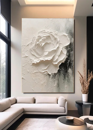 3D Textured Effect Painting, Large Abstract White Flower Poster, Minimalist Wall Art Canvas Print, Living Room Home Decor Cuadro