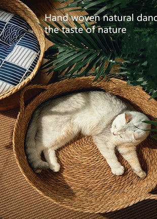 Pure Manual Cat Bed House Rattan Woven Four Seasons Nest Cat Scratch Board General Dandelion Woven Cool Pet Home Cat Accessories