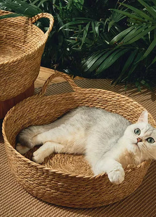 Pure Manual Cat Bed House Rattan Woven Four Seasons Nest Cat Scratch Board General Dandelion Woven Cool Pet Home Cat Accessories