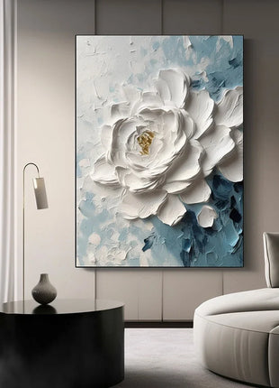 3D Textured Effect Painting, Large Abstract White Flower Poster, Minimalist Wall Art Canvas Print, Living Room Home Decor Cuadro