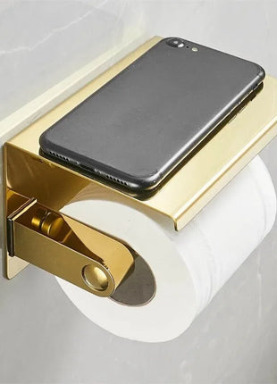 Multifunctional Toilet Paper Holder with Shelf Wall Mounted Double Roll Towel Holder Bathroom Gold