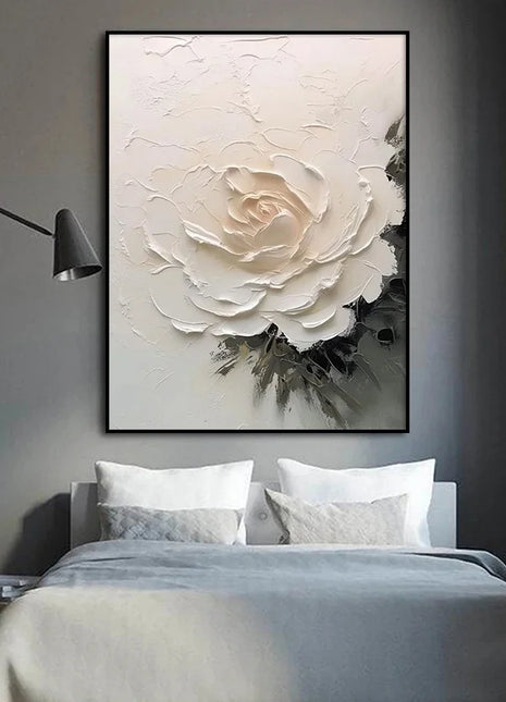 3D Textured Effect Painting, Large Abstract White Flower Poster, Minimalist Wall Art Canvas Print, Living Room Home Decor Cuadro