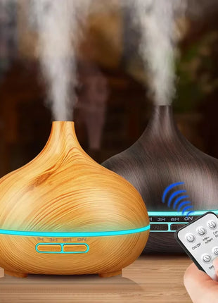 Air Humidifier Aromatherapy Essential Oil Diffuser Wood Grain 500Ml Ultrasonic Remote Control 7 Color Lights for Home Bedroom ﻿