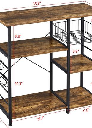 4-Tier Kitchen Baker'S Rack, Coffee Bar Microwave Stand Cart with Wire Basket & 6 Side Hooks, Kitchen Organizer Shelf for Spices/Utensils Foods, Rustic Brown