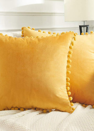 Decorative Throw Pillow Covers with Pom Poms, Pack of 2 Soft Particles Velvet Pillow Cases Square Cushion Covers for Couch Bedroom Car Sofa Outdoors 18X18 Mustard Yellow