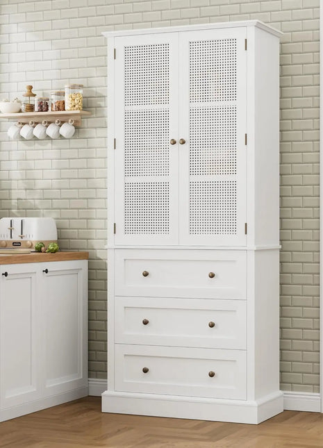 Rattan Doors Pantry Cabinet with 3 Drawers and Adjustable Shelf