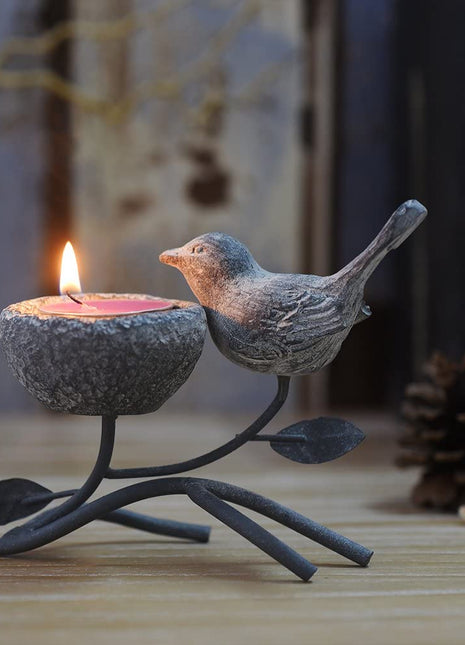 Votive Candle Holders, Vintage Home Decor Centerpiece, Iron Branches, Resin Bird and Nest, Tabletop Decorative Tealight Candle Stands,Creative Artwork (Grey Black)