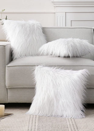 Faux Fur Solid Decorative Pillow Cover Fluffy Throw Pillow Mongolian Luxury Fuzzy Pillow Case Cushion Cover for Bedroom and Couch,True White 18 X 18 Inches