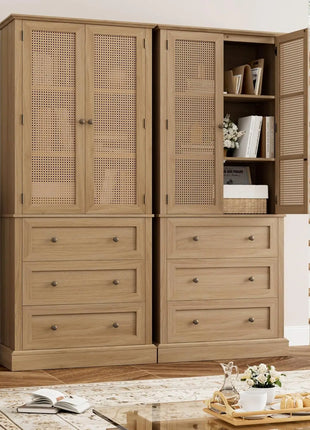 Rattan Doors Pantry Cabinet with 3 Drawers and Adjustable Shelf