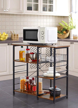 4-Tier Kitchen Baker'S Rack, Coffee Bar Microwave Stand Cart with Wire Basket & 6 Side Hooks, Kitchen Organizer Shelf for Spices/Utensils Foods, Rustic Brown