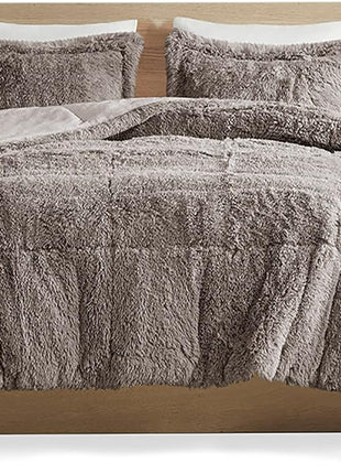 Malea Shaggy Comforter Set, Long Faux Fur Cozy down Alternative, Modern Casual Ultra Soft All Season Fluffy Bedding with Matching Sham, King/Cal King, Grey 3 Piece